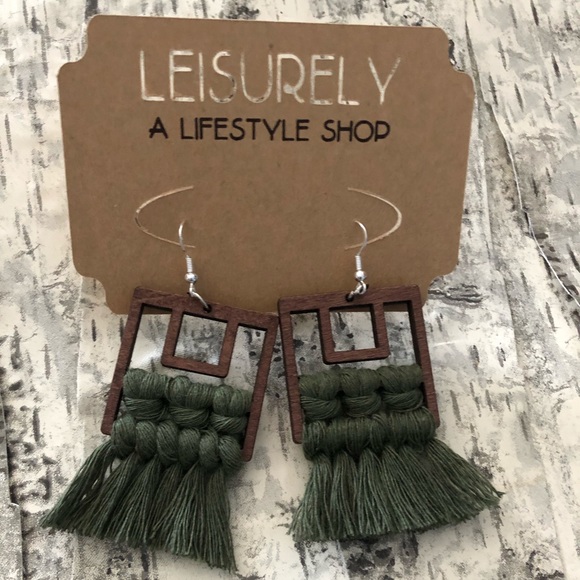 Green Tassel Earring | Dark Wood Cotton & Silver - Picture 5 of 8
